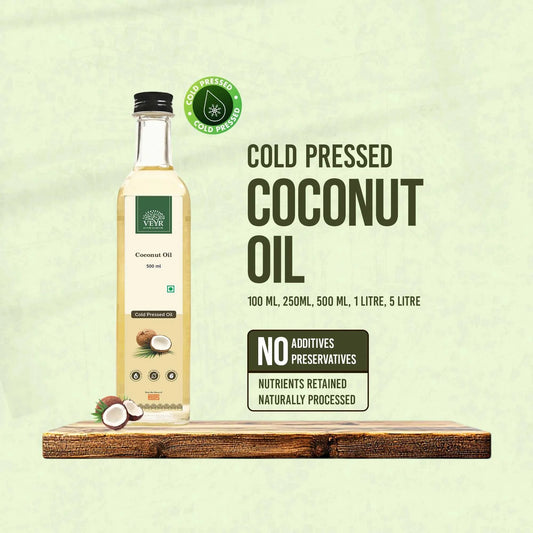 Bottle of Veyr Organics cold pressed coconut oil with label on a white background