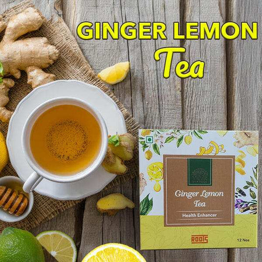 Fresh ginger lemon tea in a clear glass cup with fresh ginger and lemon slices