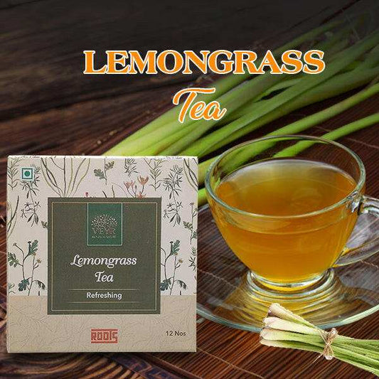Cup of fresh lemongrass tea with lemongrass stalks in background