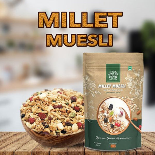 Bowl of Millet Muesli with oats, nuts, seeds, and dried fruits for a nutritious breakfast