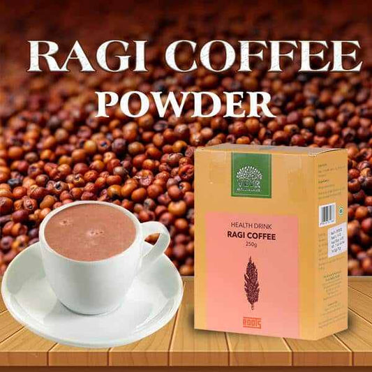 Ragi coffee powder in bowl with roasted coffee beans and ragi grains on wooden surface