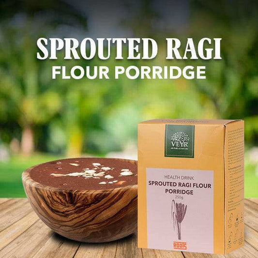 Bowl of sprouted ragi flour porridge with spoon, 250g package visible