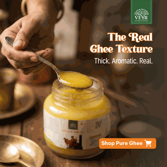 Veyr Organics Desi Cow Ghee jar showcasing pure, traditional Bilona method ghee with rich golden color and natural texture