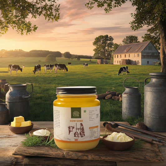 Jar of Veyr Organics Cow Ghee made with traditional Bilona method, golden and pure