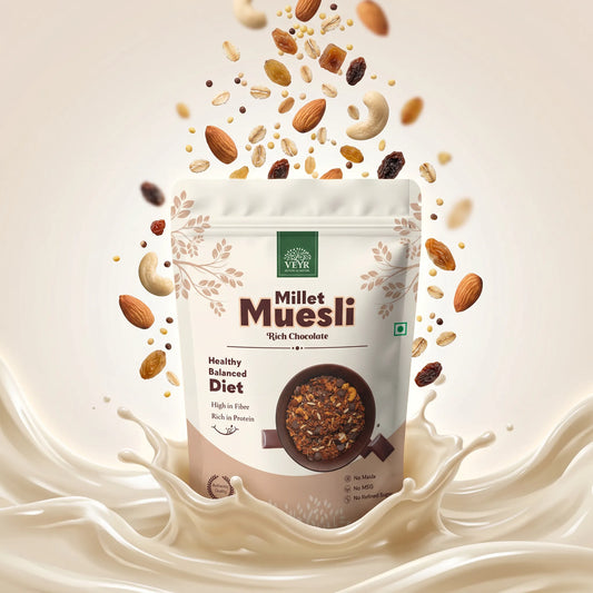 Millet Muesli package with scattered nuts and seeds on a beige background
