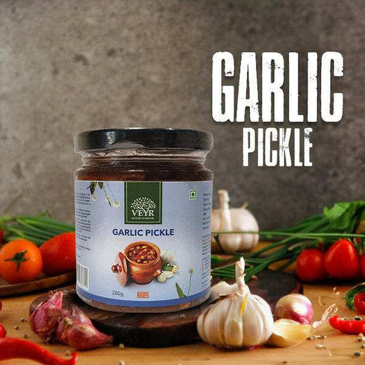 Jar of garlic pickle 200g with visible garlic cloves and spices