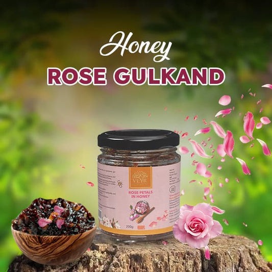 Jar of Veyr Roots Honey Rose Gulkand with a bowl of gulkand honey and a pink rose.