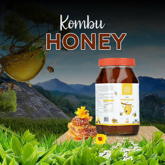 Small Bee Honey (Kombu Honey) by Veyr Roots, a raw honey product shown in a jar next to a large, hanging wild honeycomb, emphasizing its mountain and forest origins.