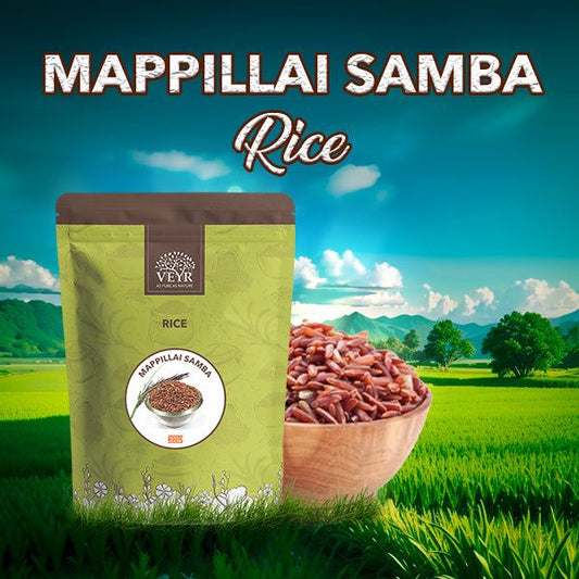 Mappillai Samba Rice grains close-up showcasing texture and color