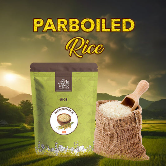 Close-up of parboiled rice grains on a wooden surface