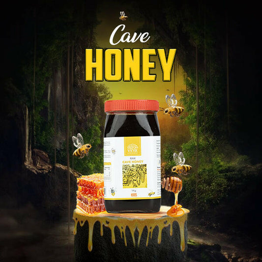 Cave Honey product from Veyr Roots, a dark, raw honey variety, presented with honeycomb and flying bees against a lush, mysterious jungle backdrop.