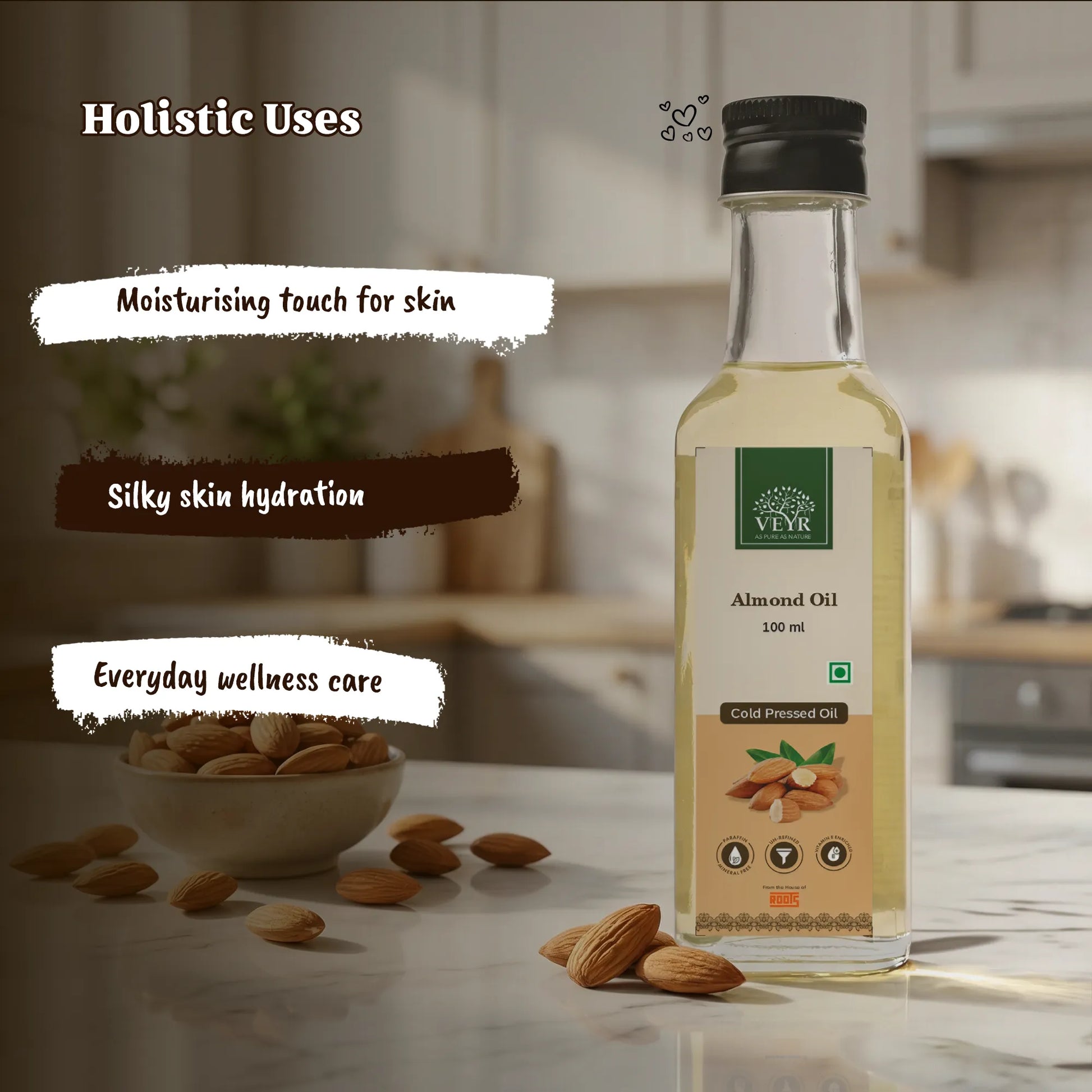 Veyr almond oil bottle with almonds on a kitchen counter, highlighting holistic uses.