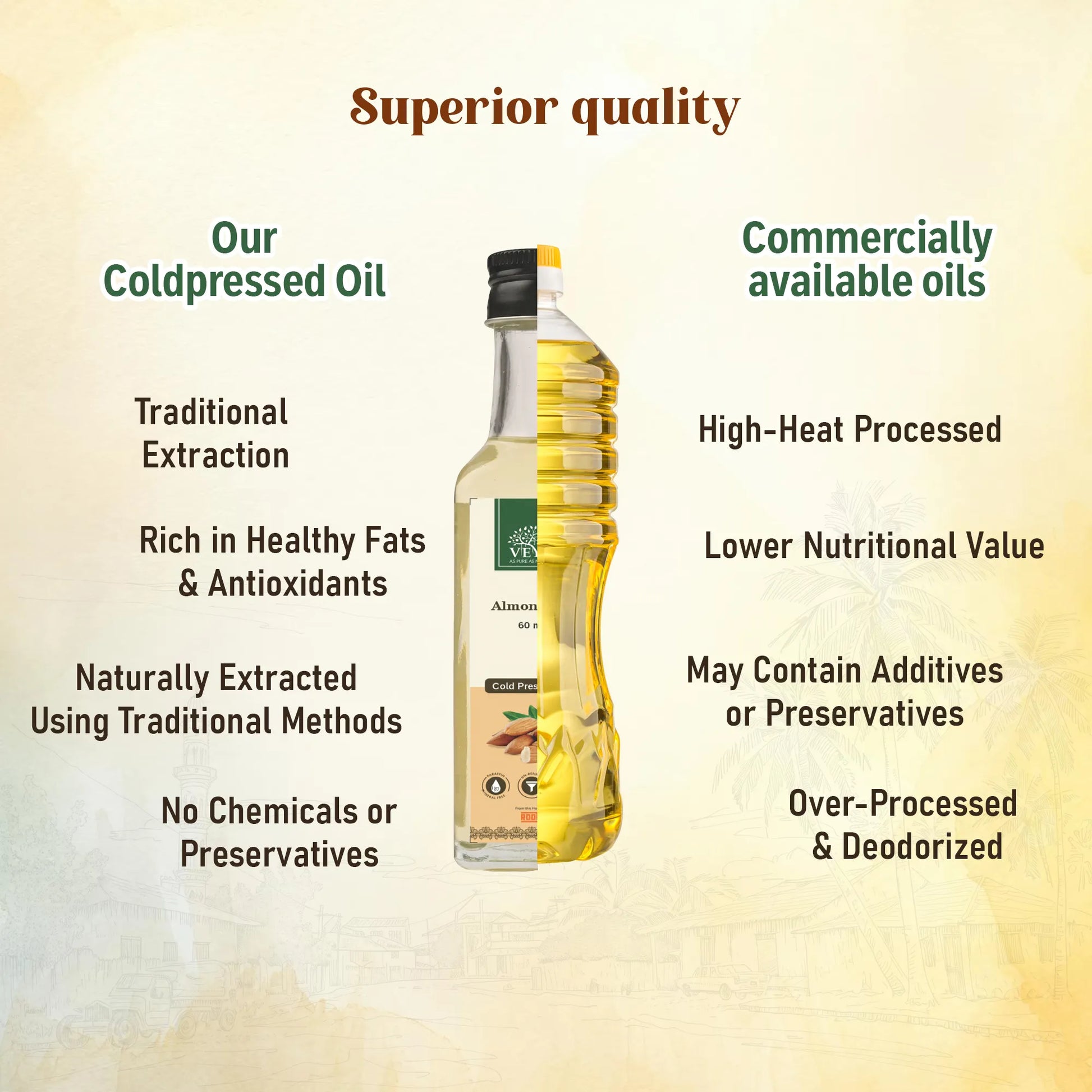 Bottle of coldpressed oil with comparison text on a beige background